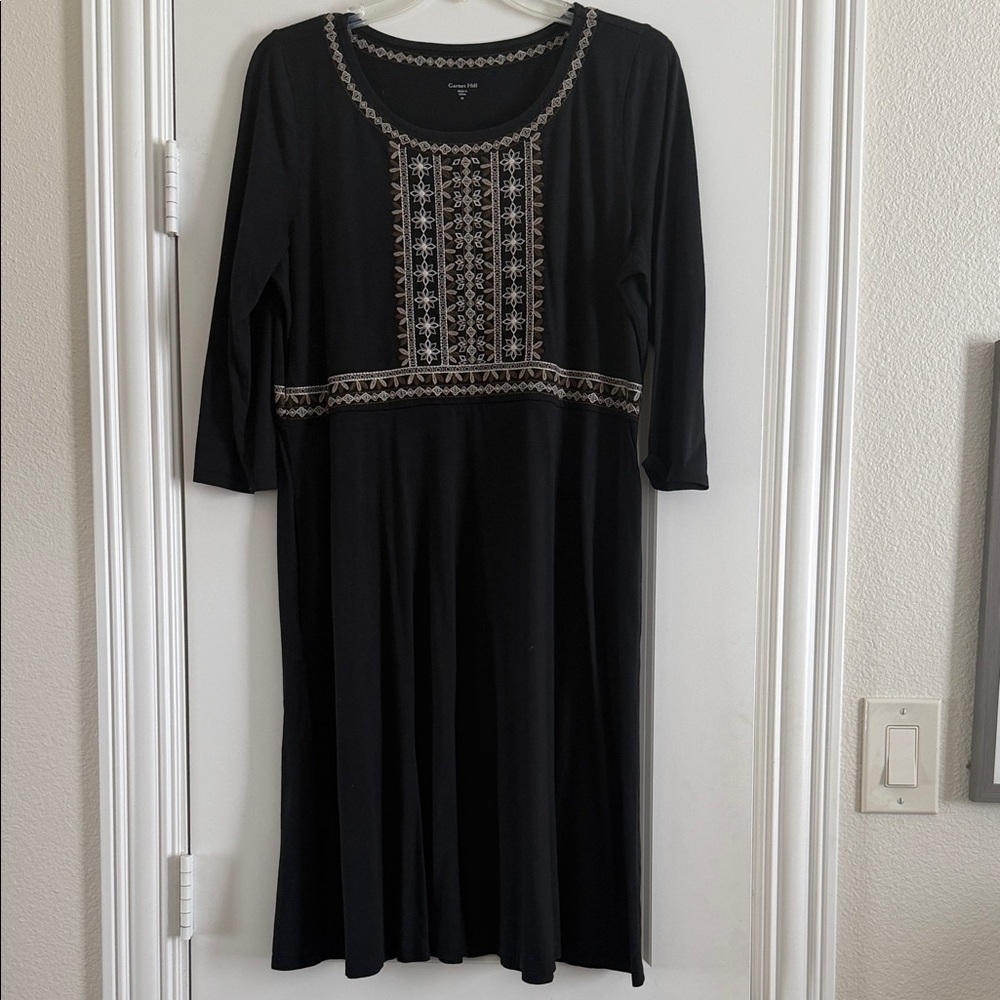 Garnet Hill Black 3/4 Sleeve Dress with Embroidery